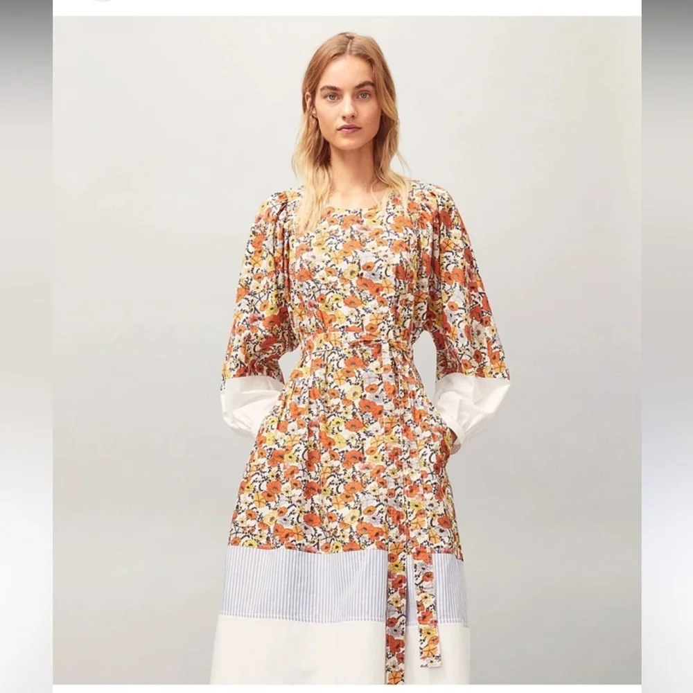 Tory Burch Orange and White Floral Long Sleeve Dress - Picture 2 of 7